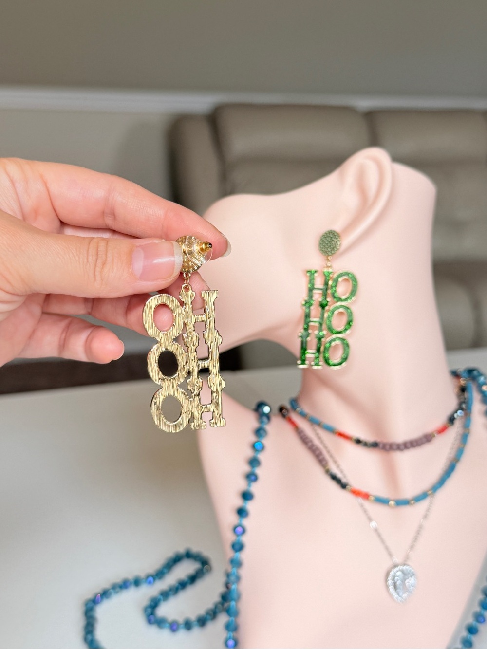 Holiday "HO HO HO" Green Drop Earrings - Picture 5 of 9